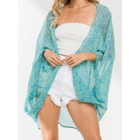 Beautiful teal and gree boho floral japanese print sheer open kimono/cape - Picture 2 of 7